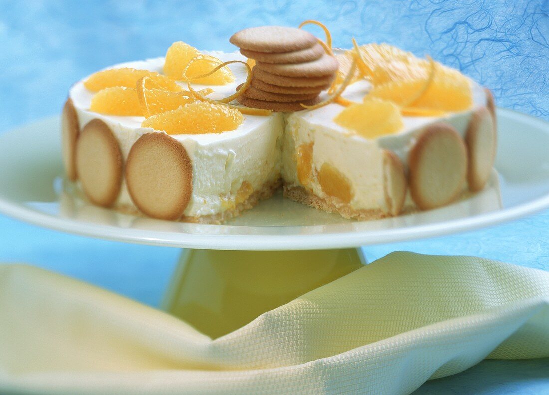 Orange ice cream cake, a piece cut