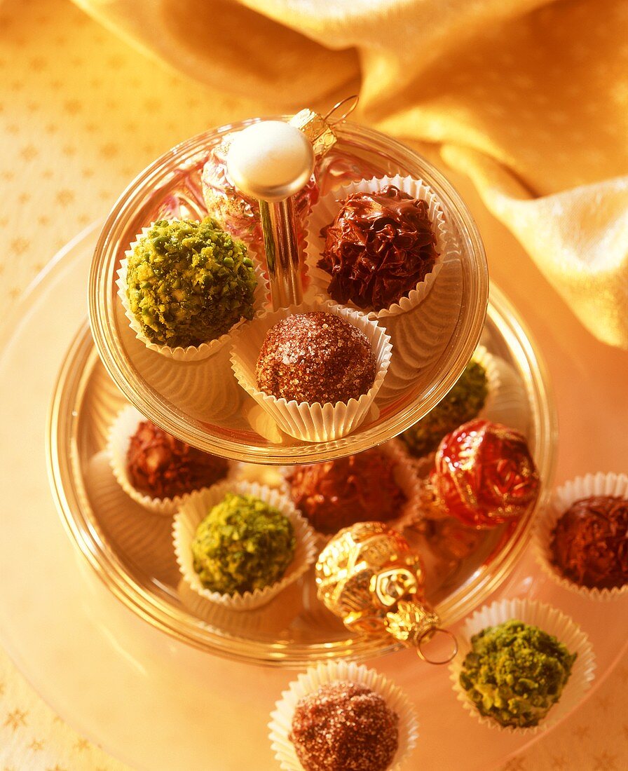 Assorted chocolate truffles on a tiered stand