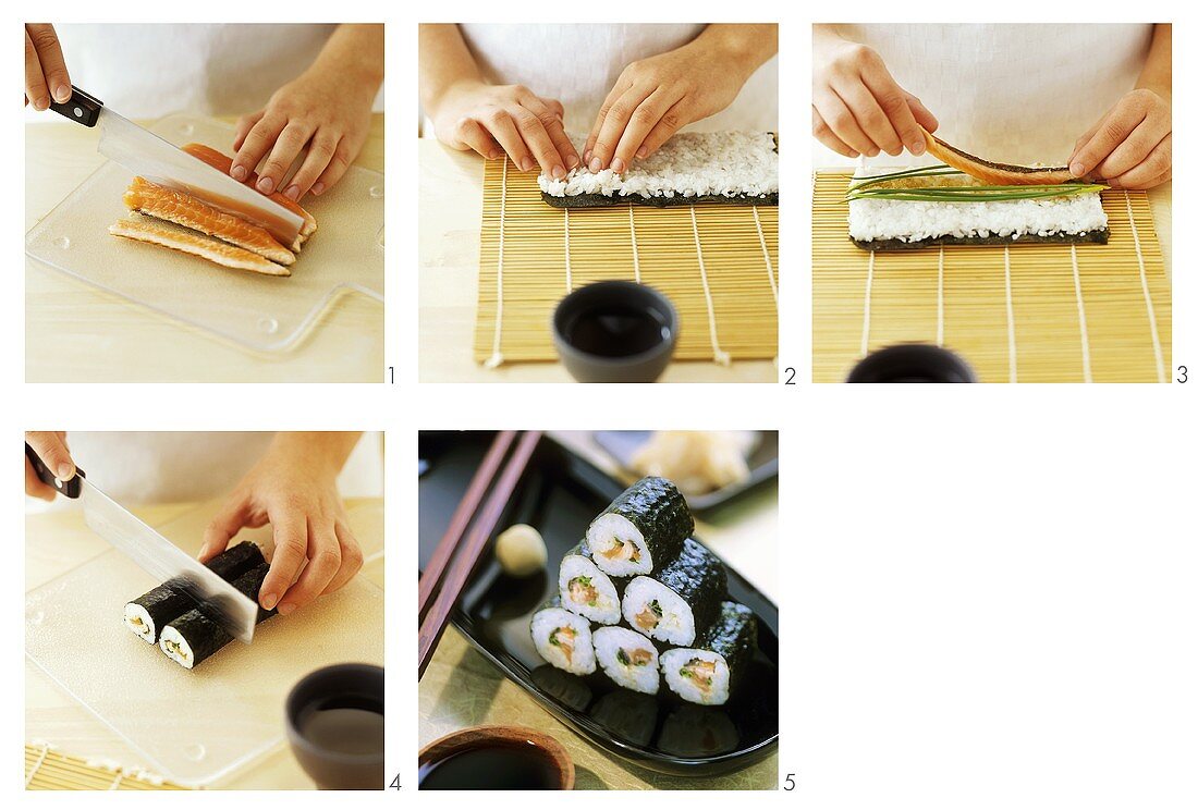 Zubereiten von Hosomaki-Sushi mit Lachs und Schnittlauch