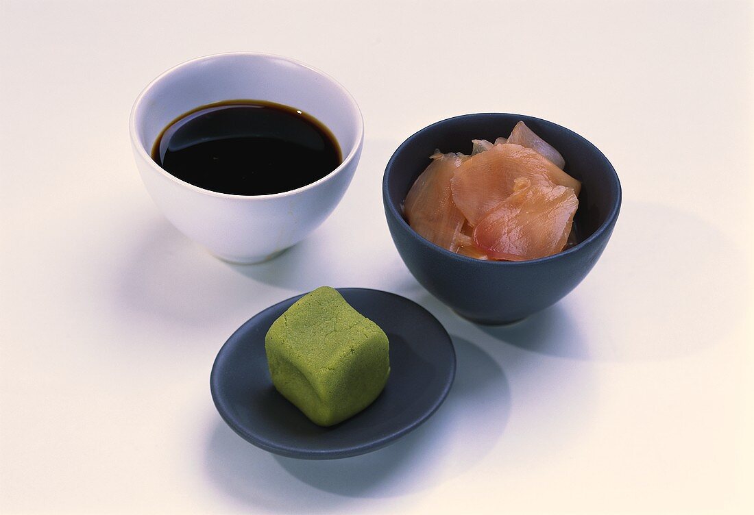 Basic ingredients for sushi (soy sauce, wasabi and gari)
