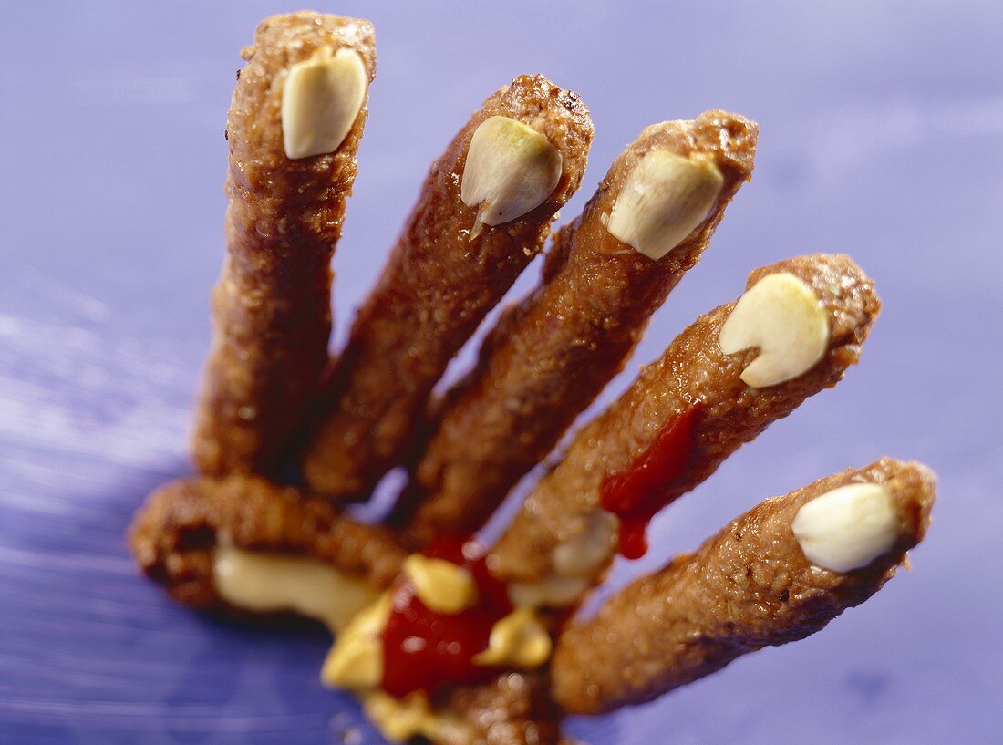 Halloween fingers (cheese & mince rolls with ketchup)
