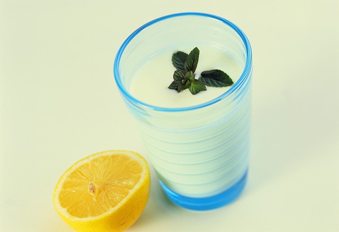 Glas türkischer Trinkjoghurt (Ayran) mit halber Zitrone