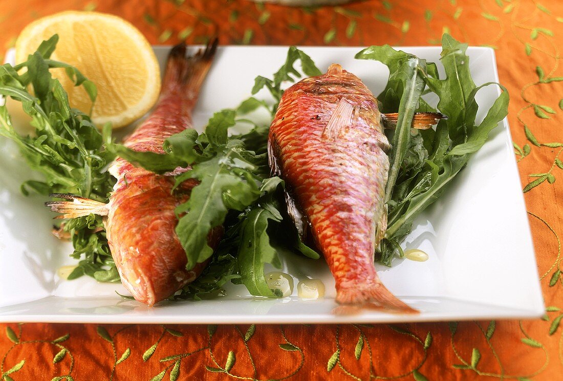 Triglie alla griglia (barbecued red mullet with rocket salad)