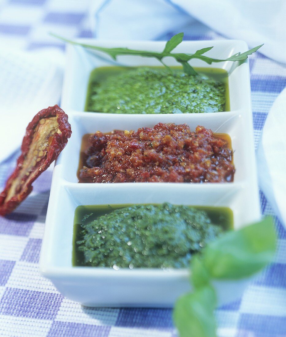 Three types of pesto: genovese, rosso and rocket