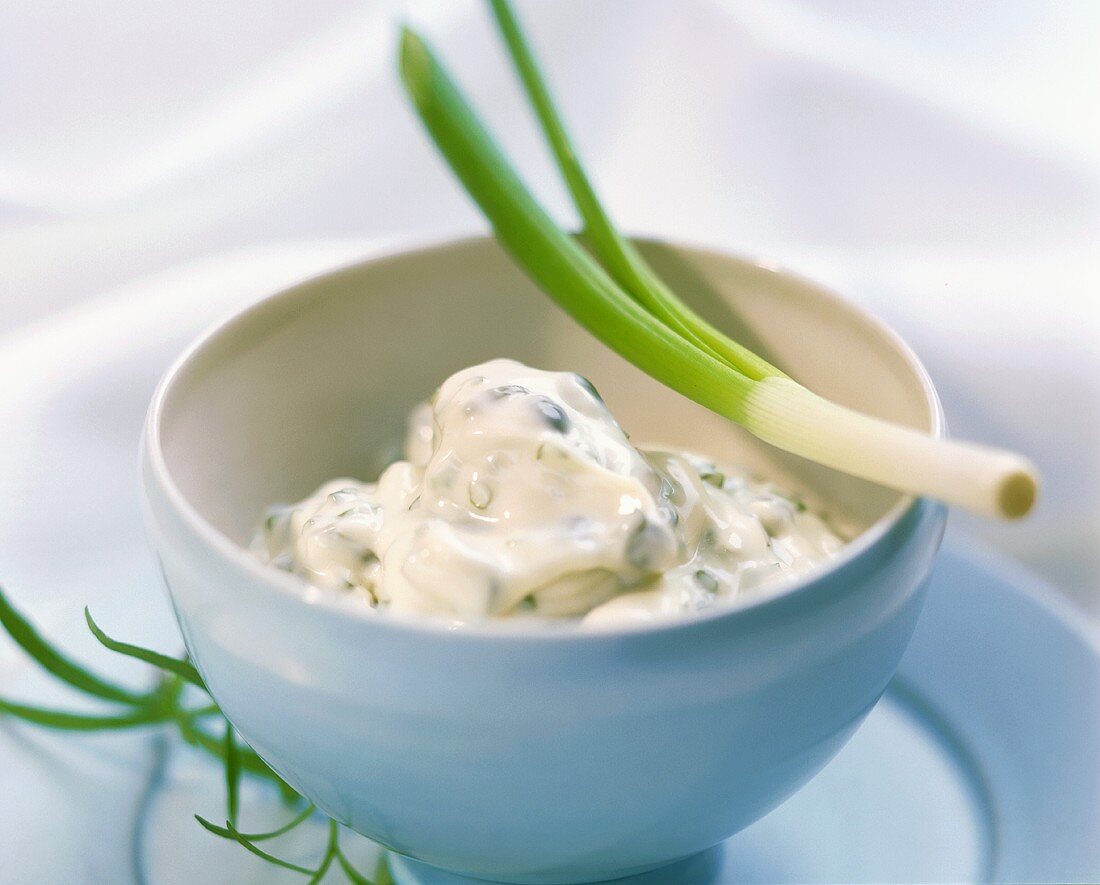 Bowl of remoulade sauce and spring onion
