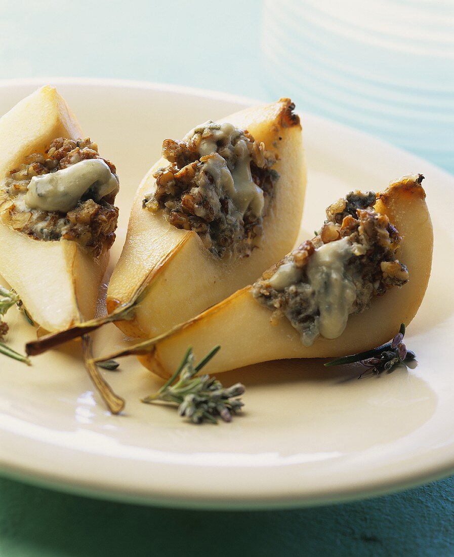 Three baked pear quarters with Roquefort & walnut stuffing