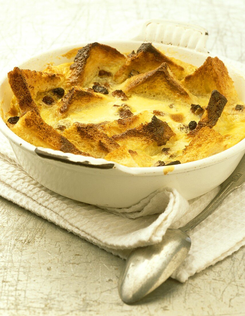 Bread and butter pudding in a baking dish