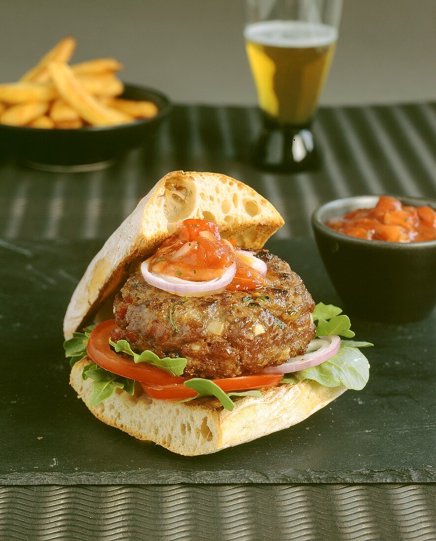 Burger mit Rucola und Tomaten im Ciabatta-Brötchen