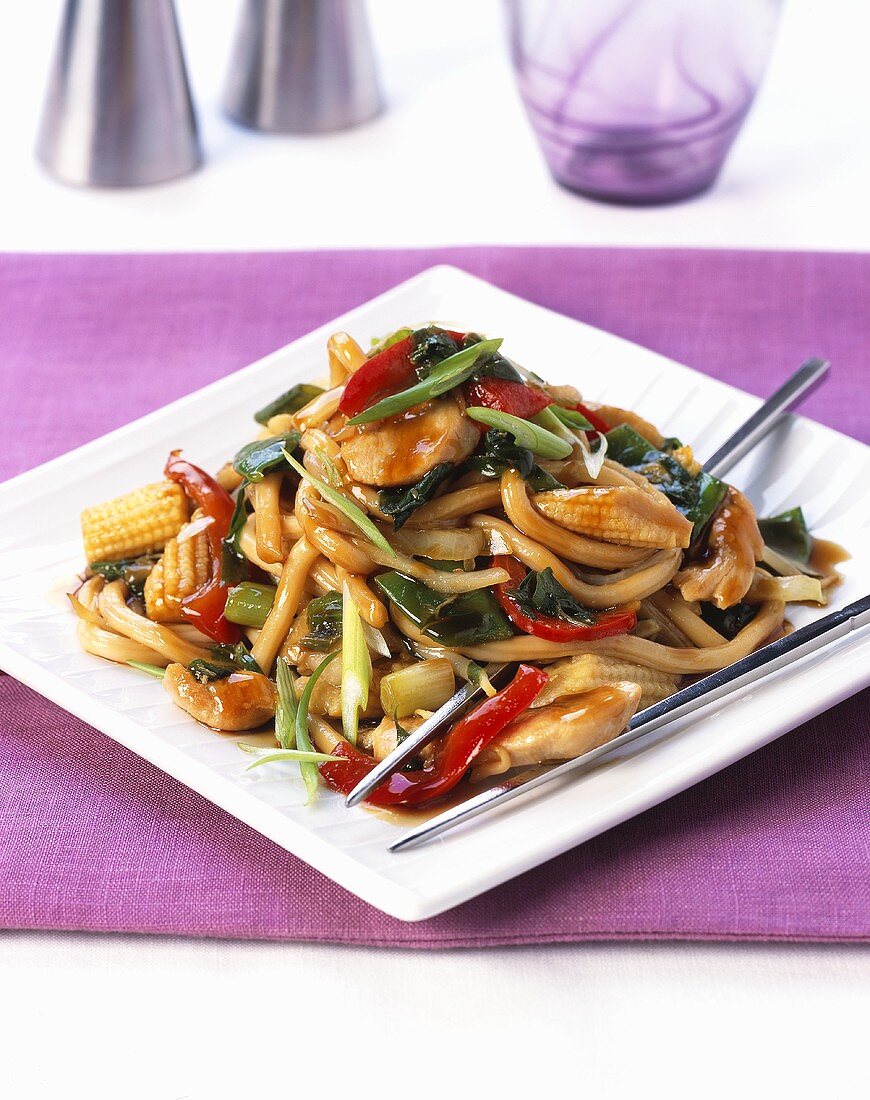 Fried Chinese egg noodles with vegetables and turkey