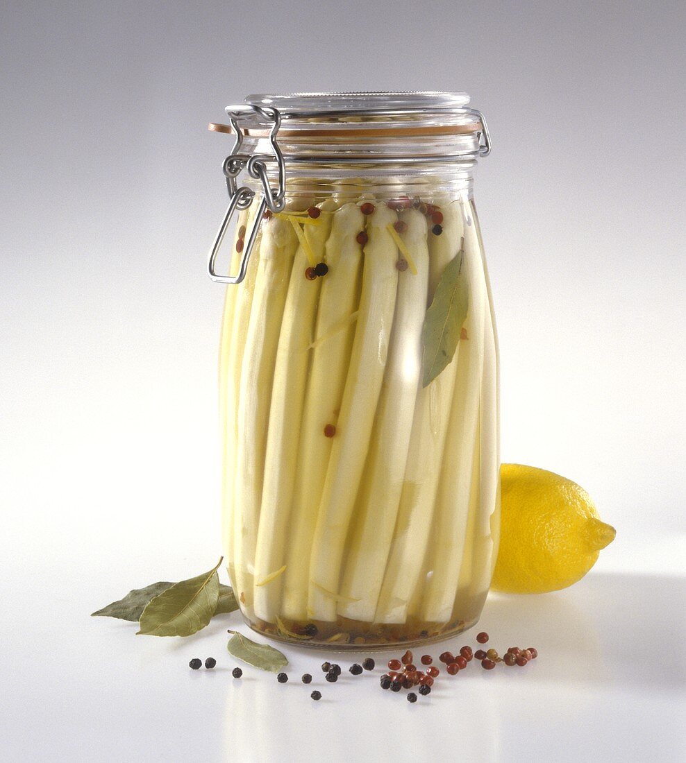 Bottled white asparagus in jar