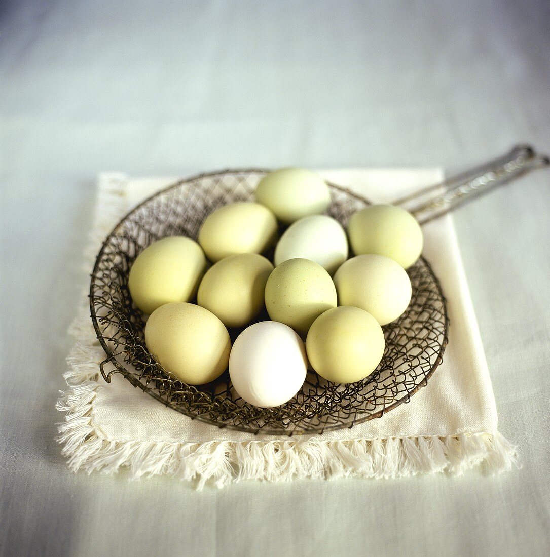 Still life with green hen's eggs on metal strainer