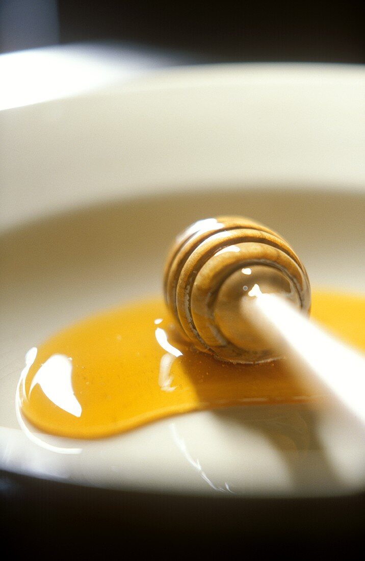 Honey spoon with chestnut honey on a plate
