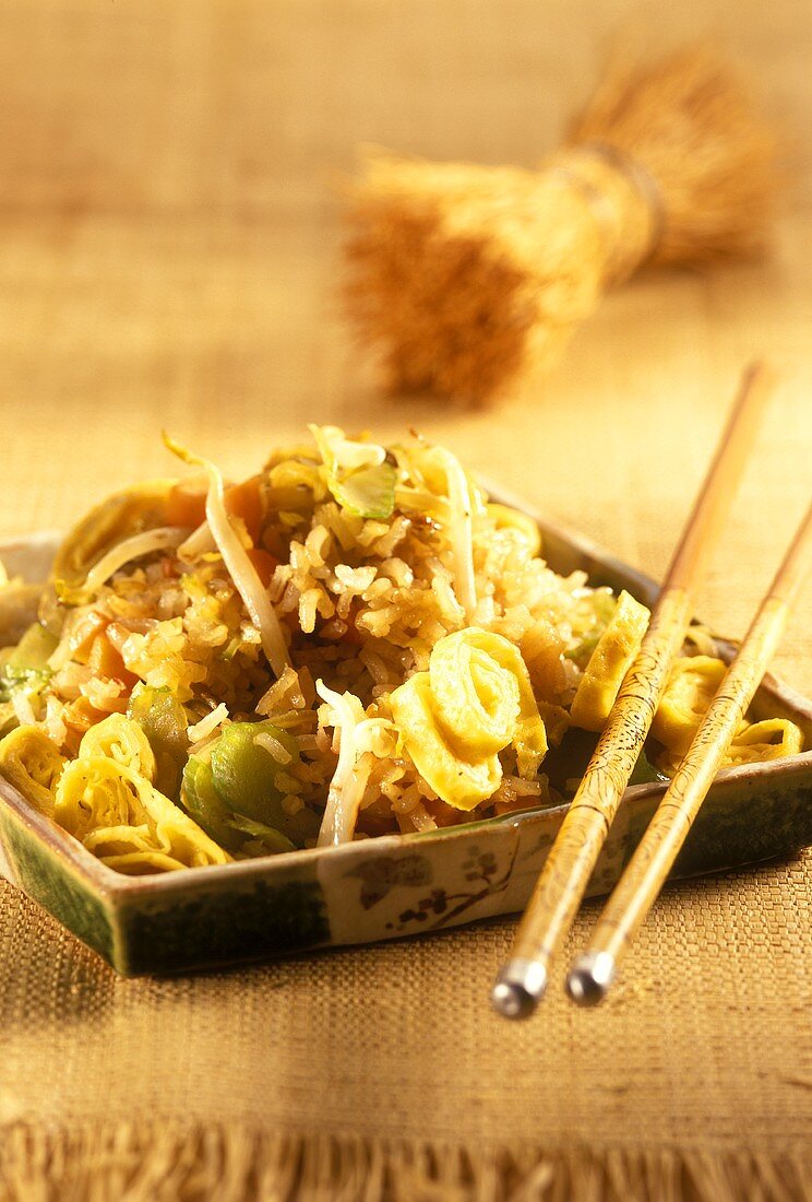 Plate of Nasi goreng with chopsticks