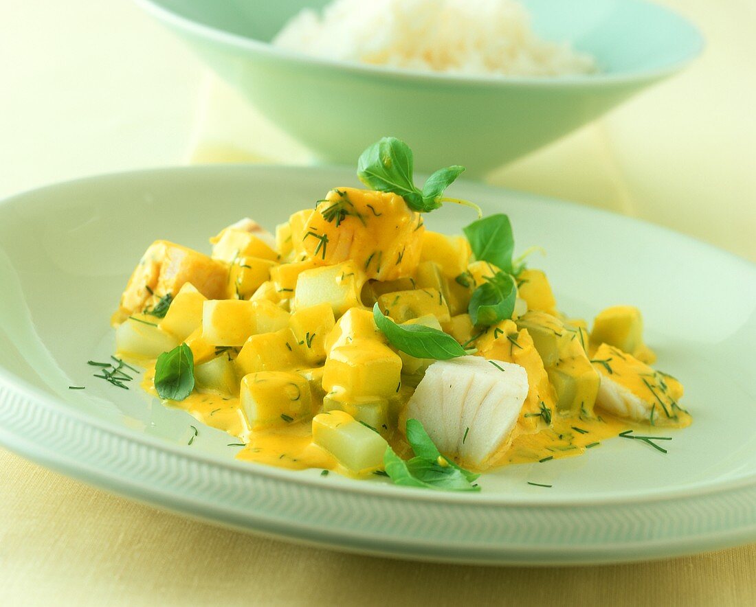 Fish fricassee with braising cucumbers and curry sauce