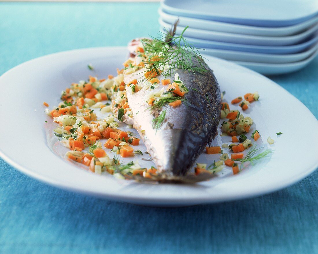 Stuffed mackerel with diced vegetables