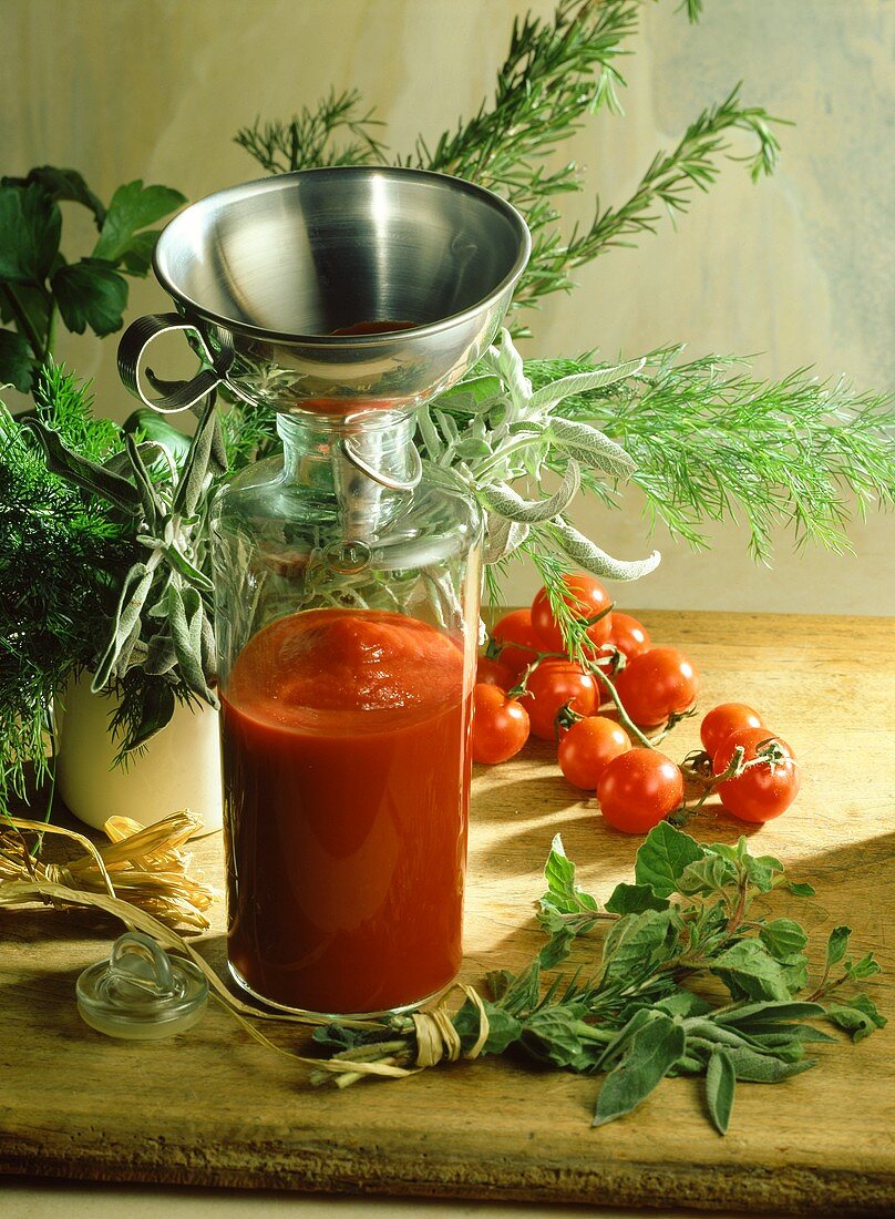 Home-made tomato ketchup; herbs; fresh tomatoes