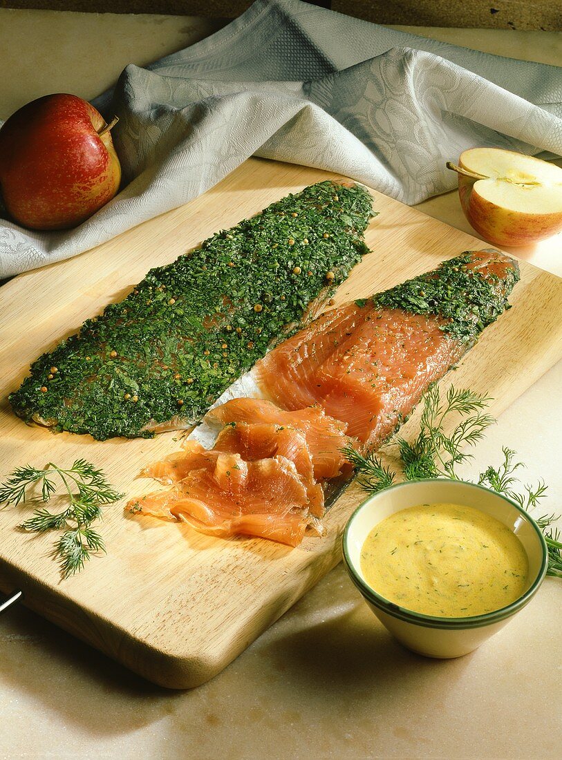 Marinated salmon trout with mustard and apple sauce