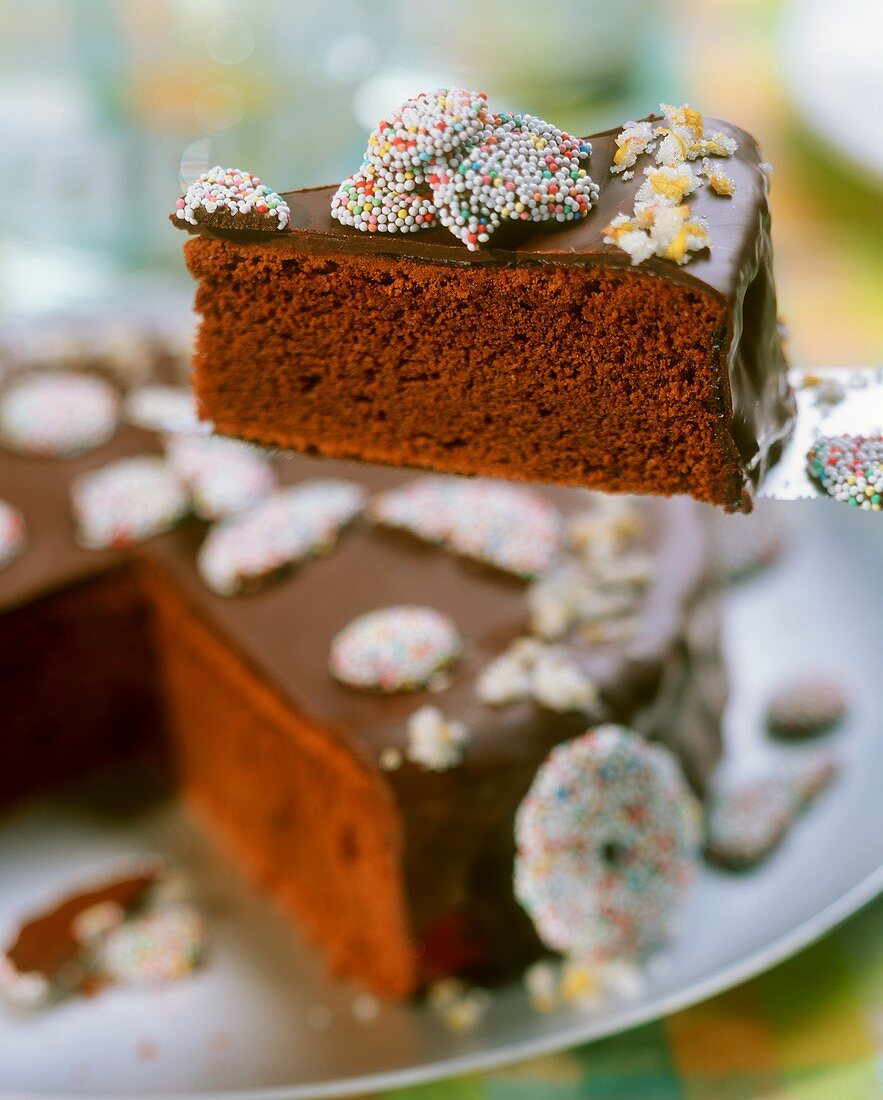 Chocolate cake with colourful chocolate biscuits