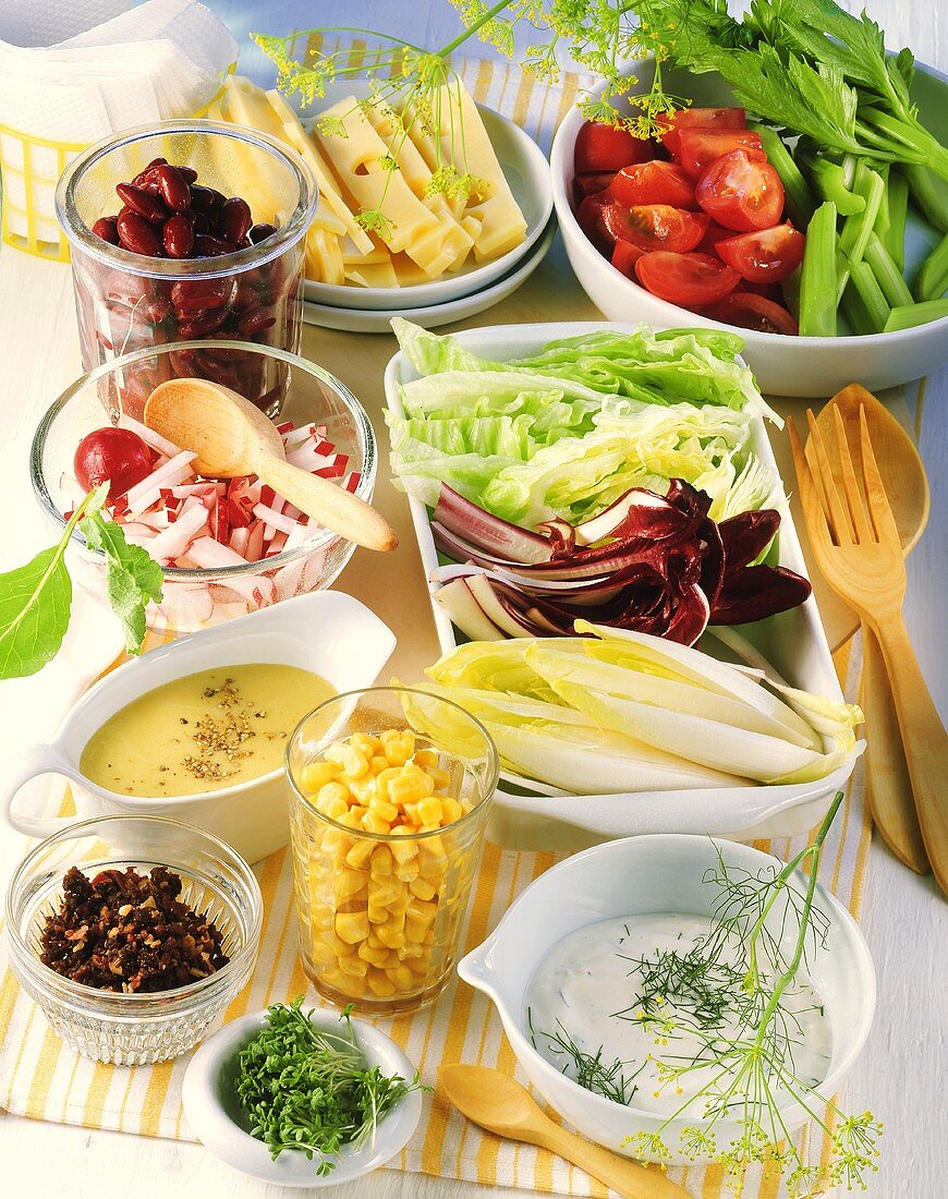 Salatbar mit Saucen, Rohkost, Käse, Gemüsen und Blattsalaten
