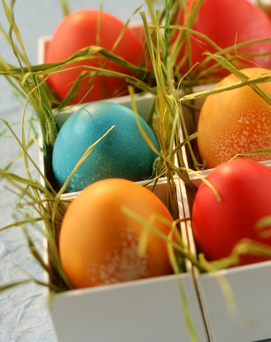 Easter eggs in eggcups made of white cardboard & Easter grass