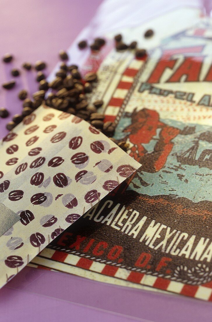 Table mats with S. American motif and bag of coffee beans