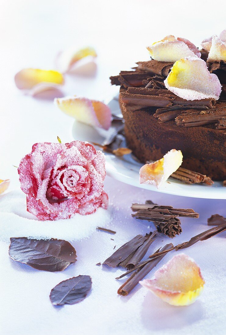 Espresso and mascarpone cake with candied roses