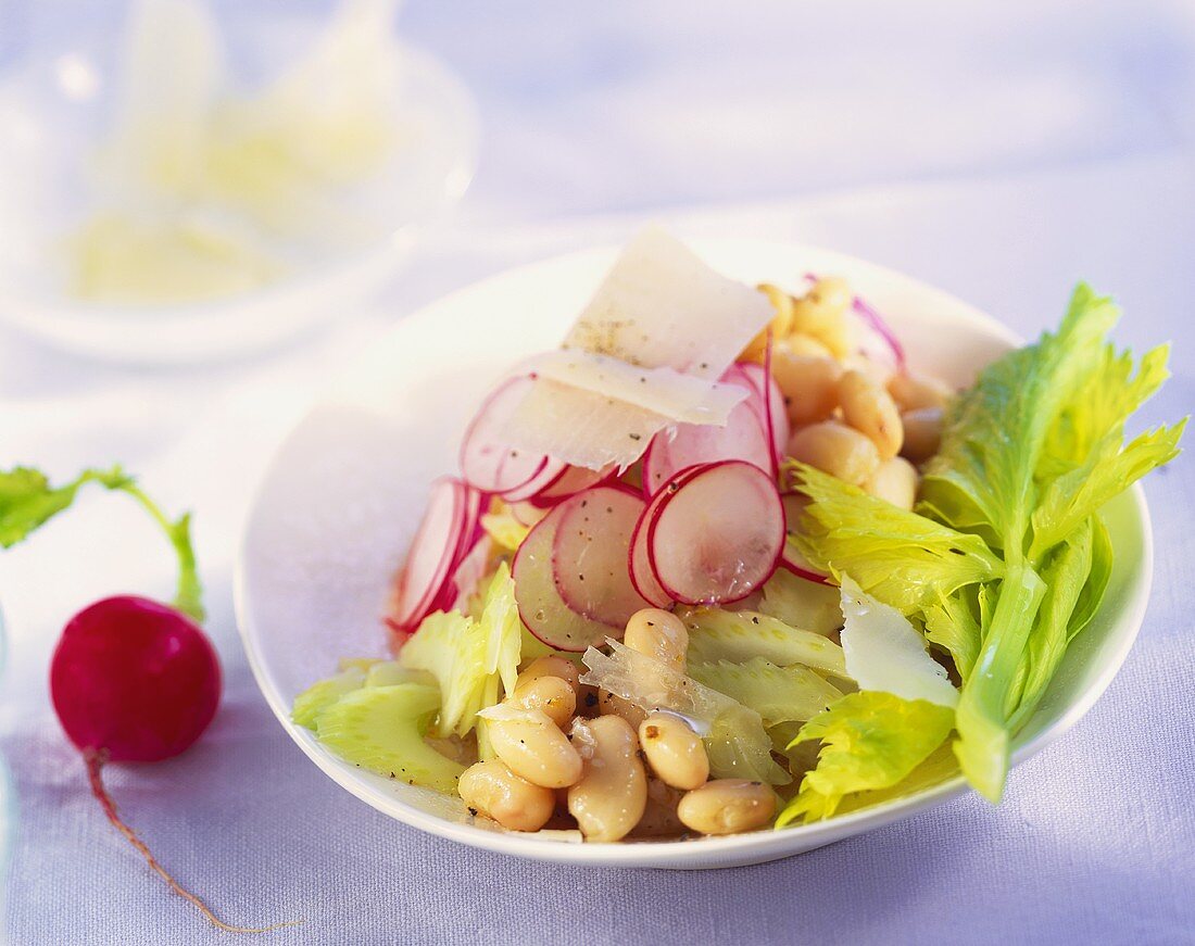 Gemüsesalat aus Bohnen, Radieschen und Staudensellerie