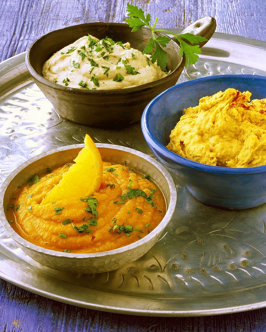 Middle Eastern dips: Babaganoush, carrot & lentil dip, hummus