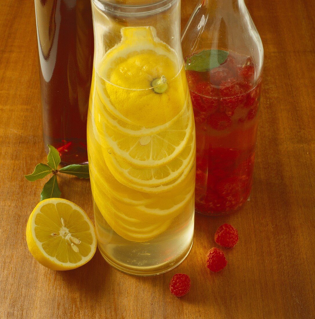Lemon vinegar, raspberry vinegar and spiced vinegar