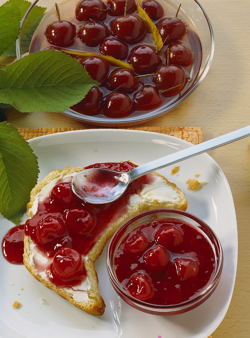 Croissant with sour cherry jam; cherry compote