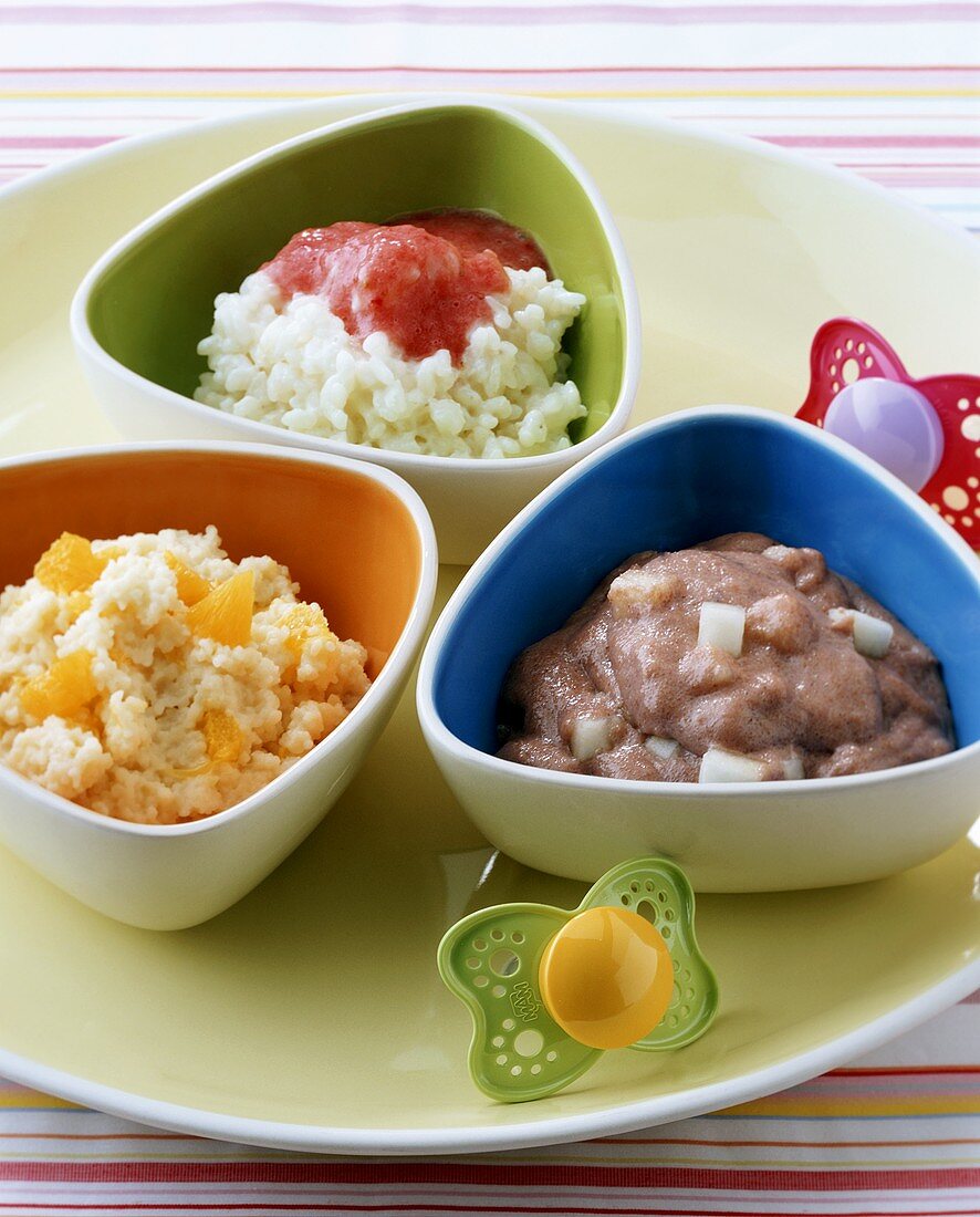 Orange couscous, rice pudding and semolina cereal for baby