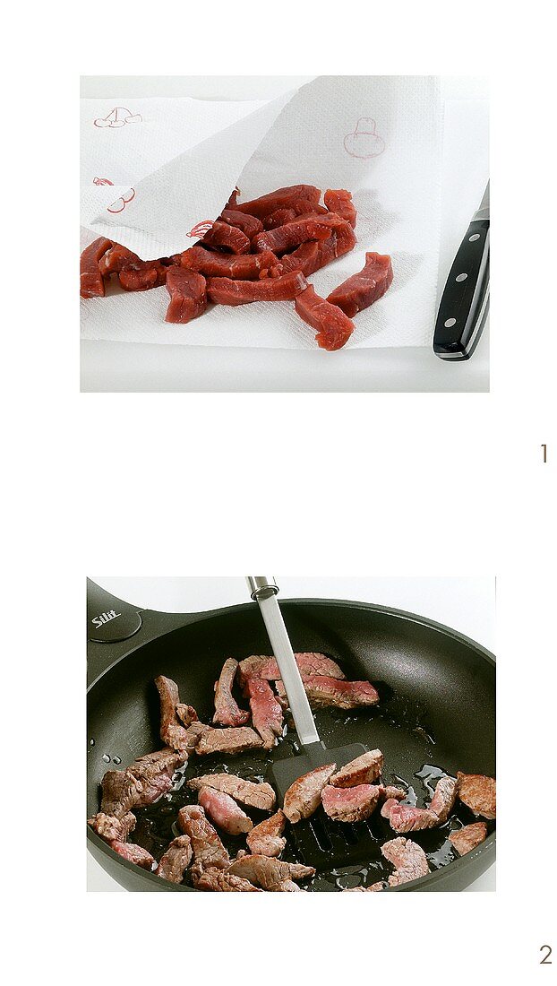 Preparing beef 'Geschnetzeltes' (stewed strips of beef)