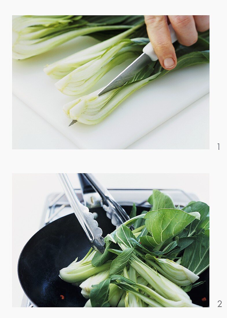 Cooking pak choi in the wok