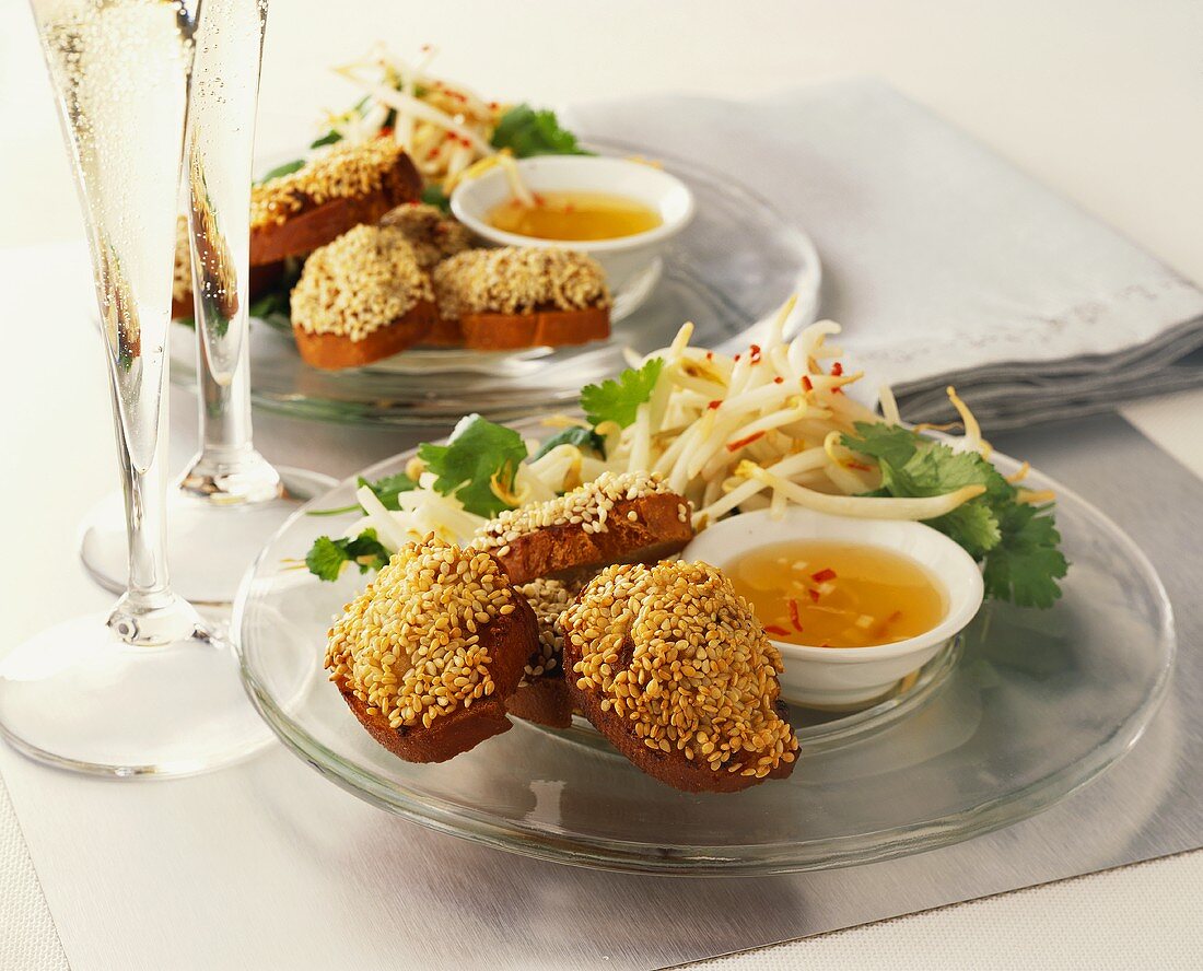 Toast with sesame shrimps and sprout salad