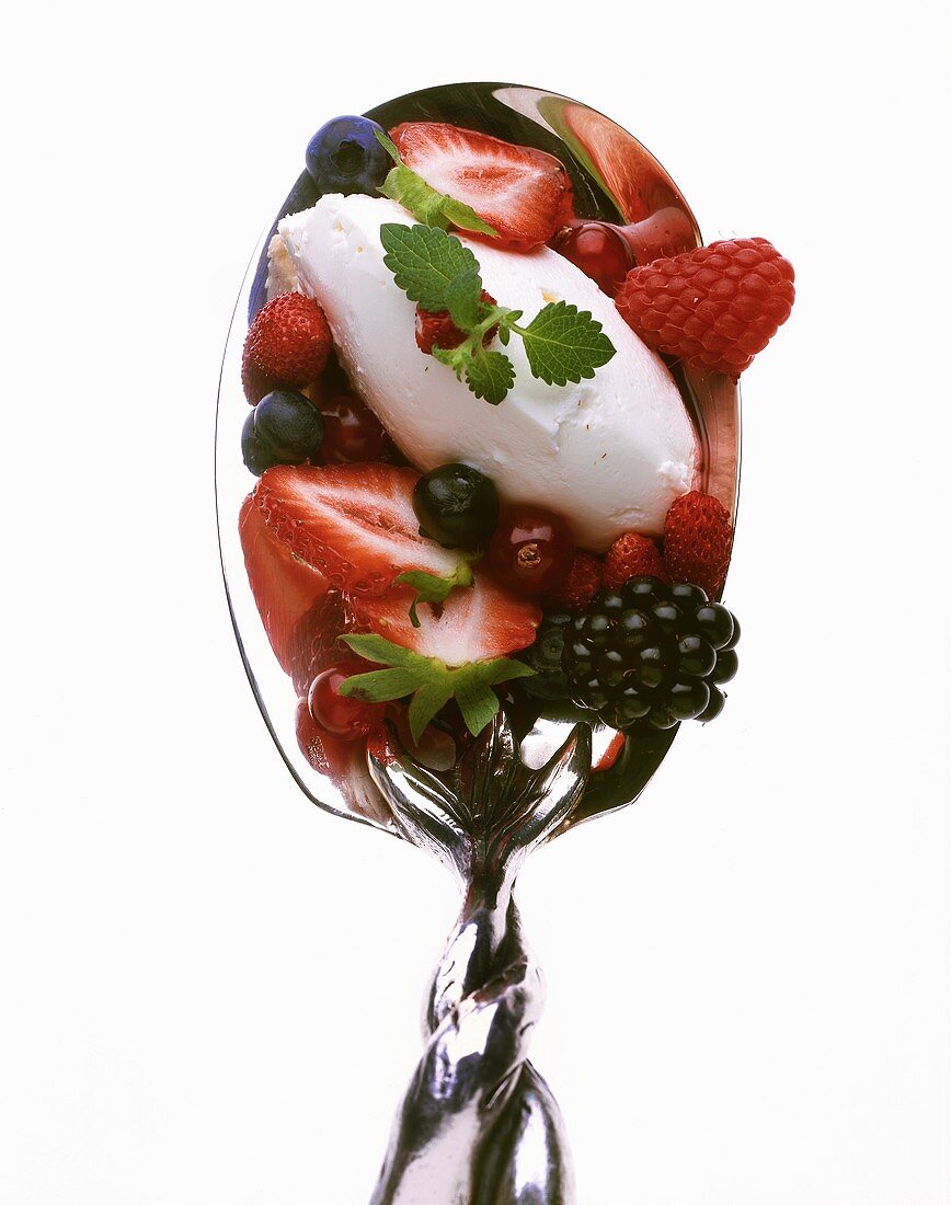 Yoghurt ice cream with fresh berries on spoon
