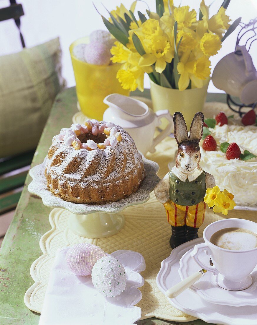 Easter table with gugelhupf and coffee