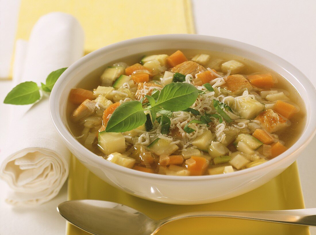 Minestrone (Gemüsesuppe) mit Putenfleisch