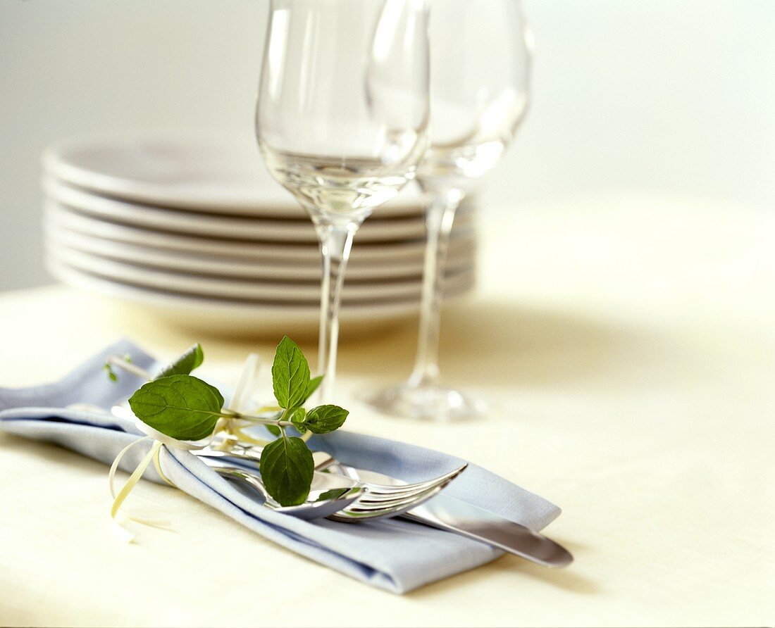 Cutlery on napkin with sprig of basil