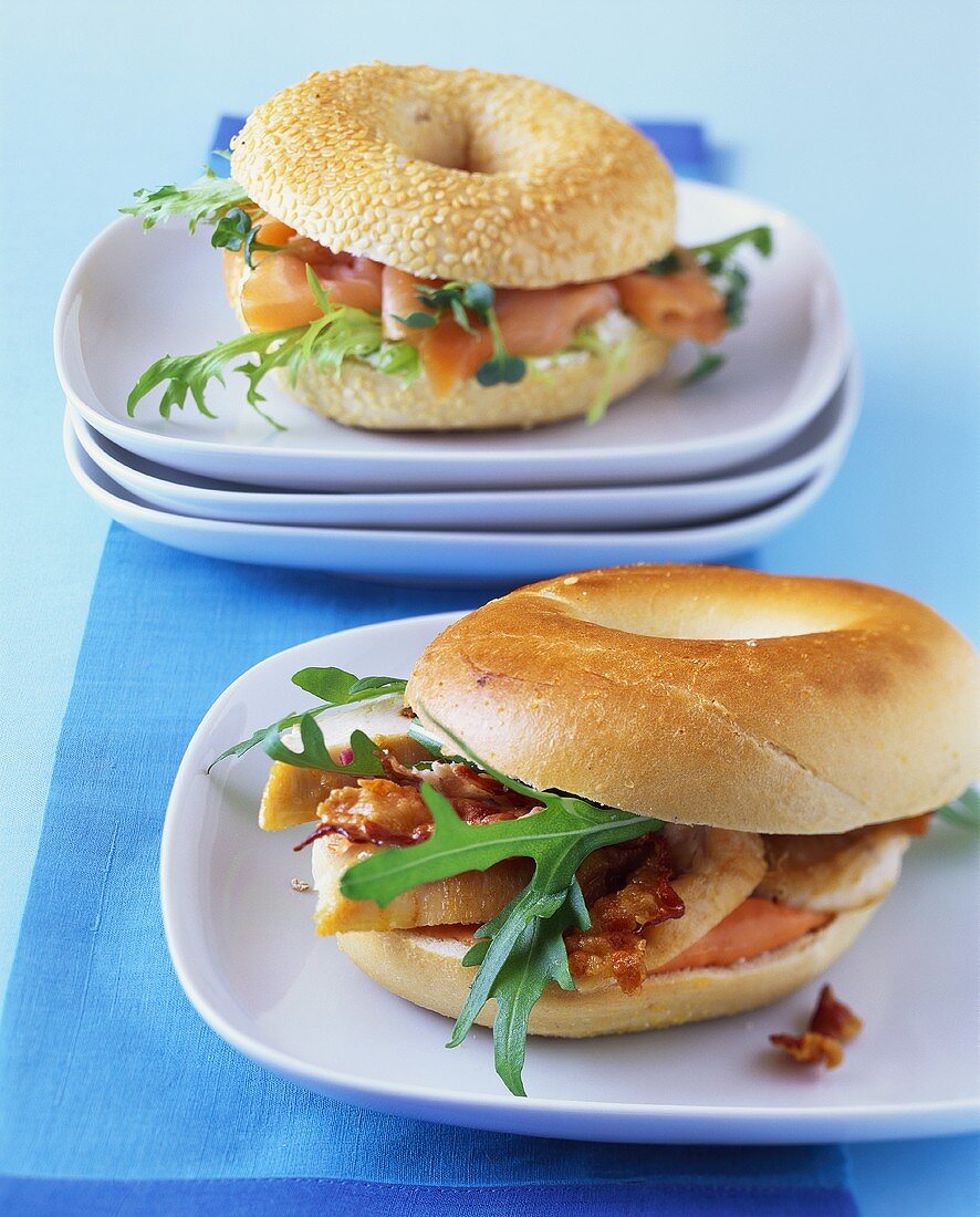 Bagels with chicken breast and bacon, and with salmon
