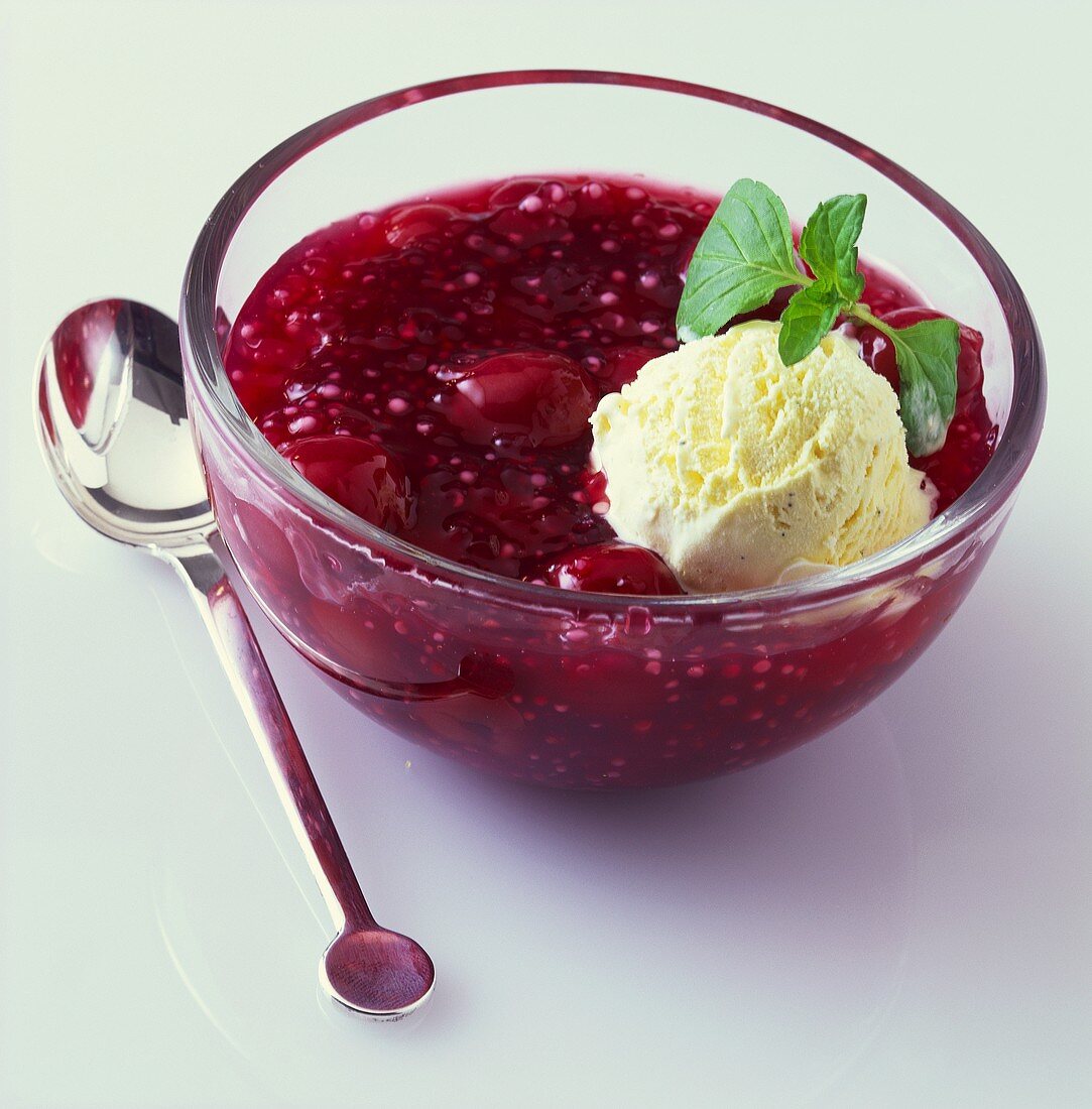 Cold Cherry Soup with Vanilla Icecream
