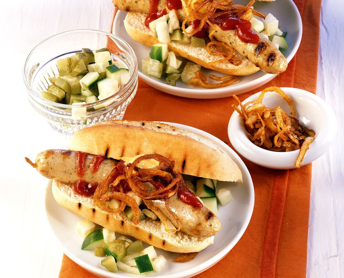Barbecued hot dog (with sausage, gherkins & fried onions)