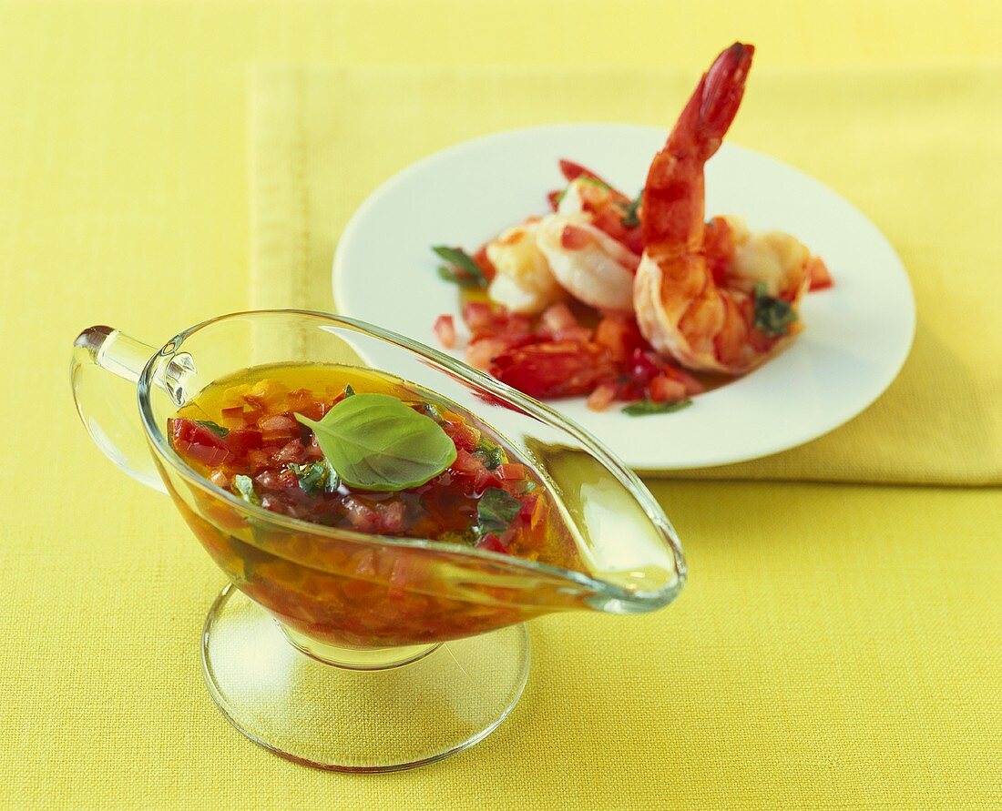 Tomato vinaigrette with basil, shrimps