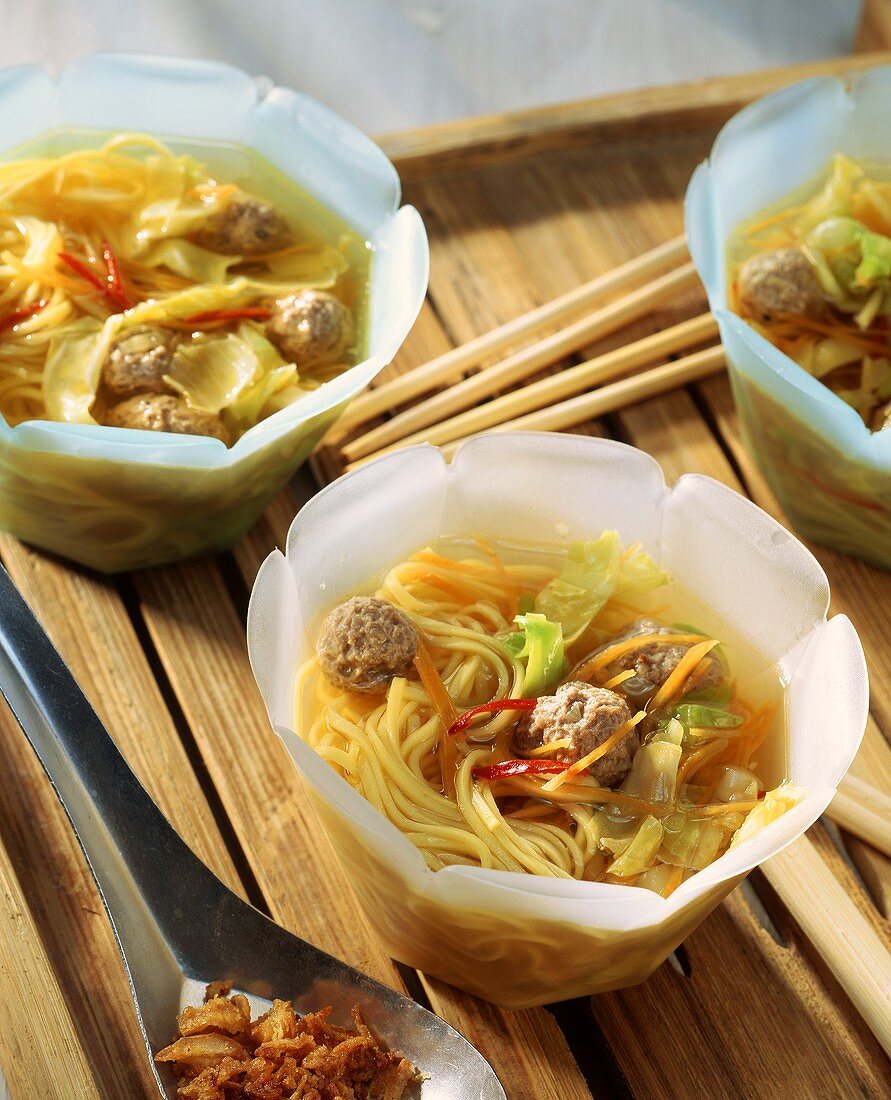 Indonesian noodle soup with meat dumplings