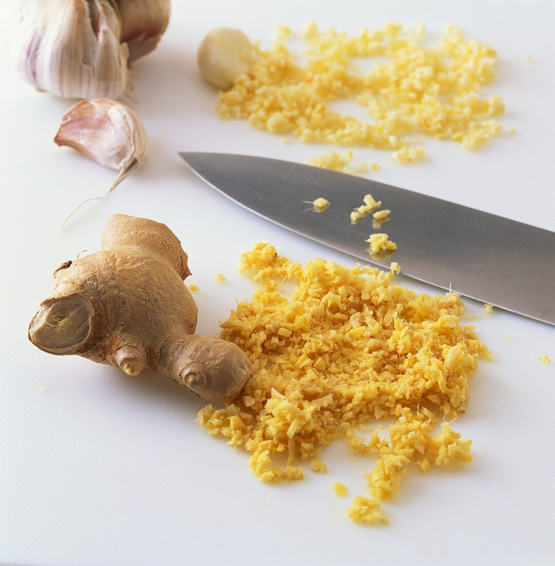 Chopping ginger and garlic