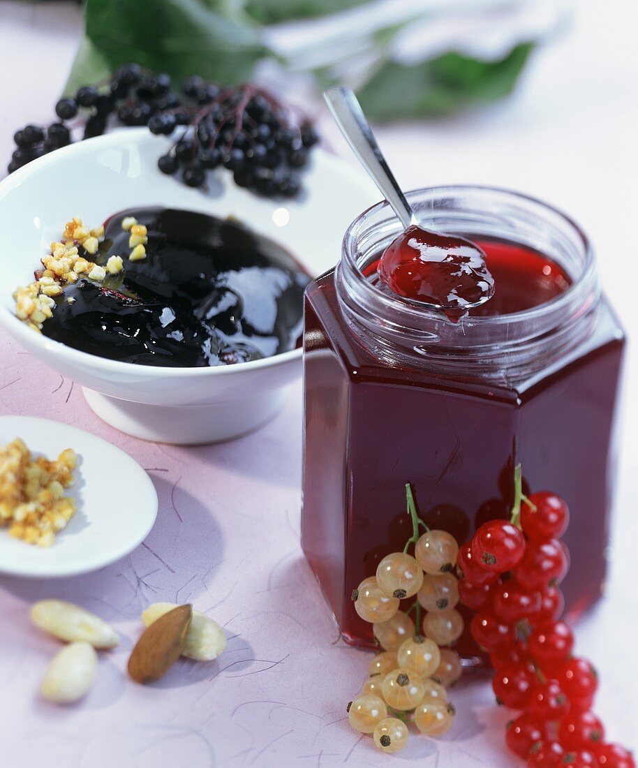 Redcurrant jelly with Cassis; elderberry jelly with praline