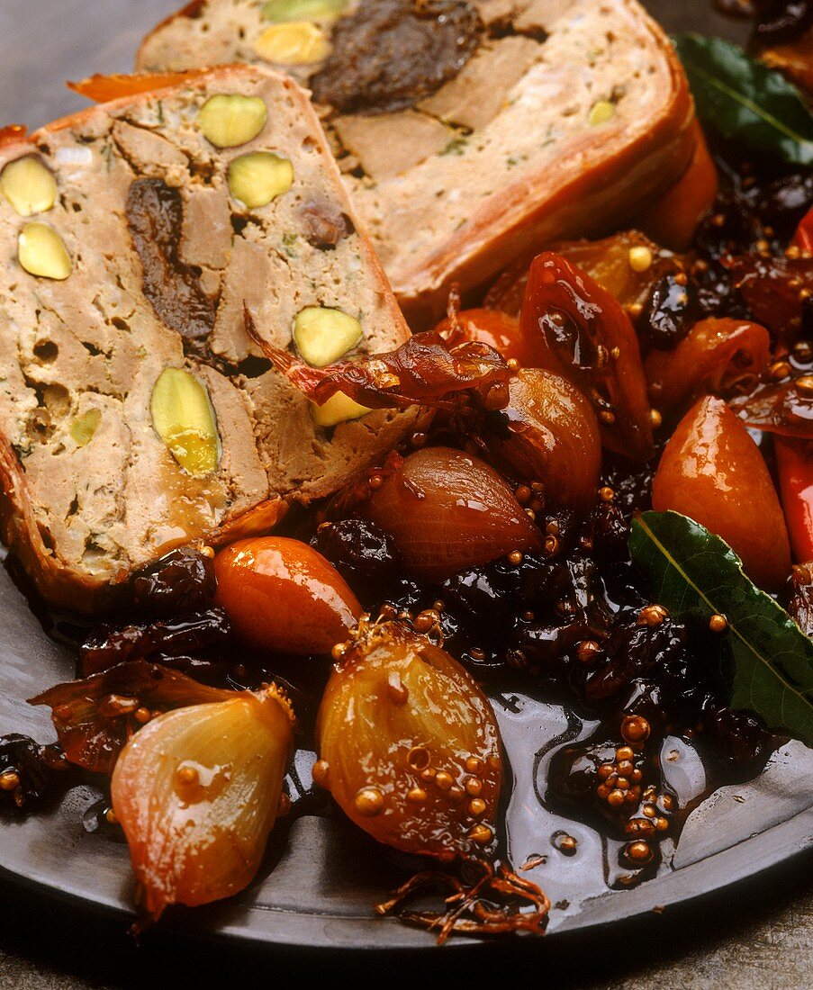 Big game terrine with pistachios, onion & mustard chutney