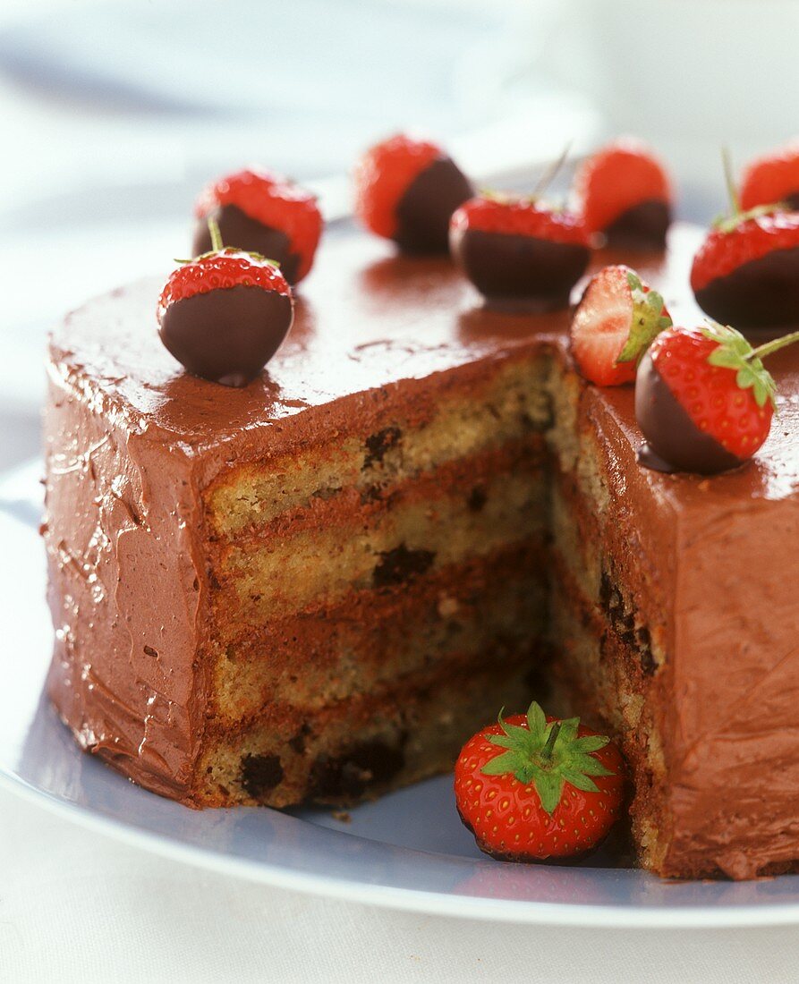 Four-layered chocolate gateau with fresh strawberries