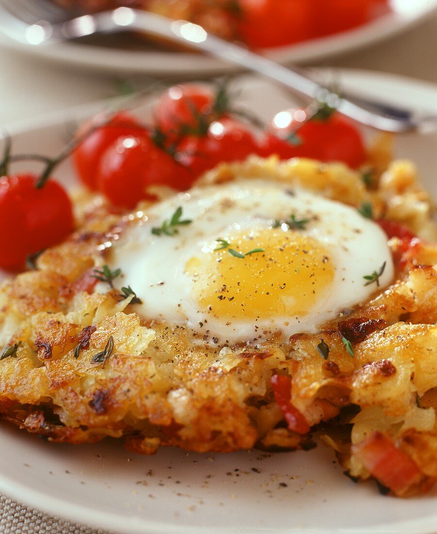 Fried egg on potato rosti with bacon, with vine tomatoes