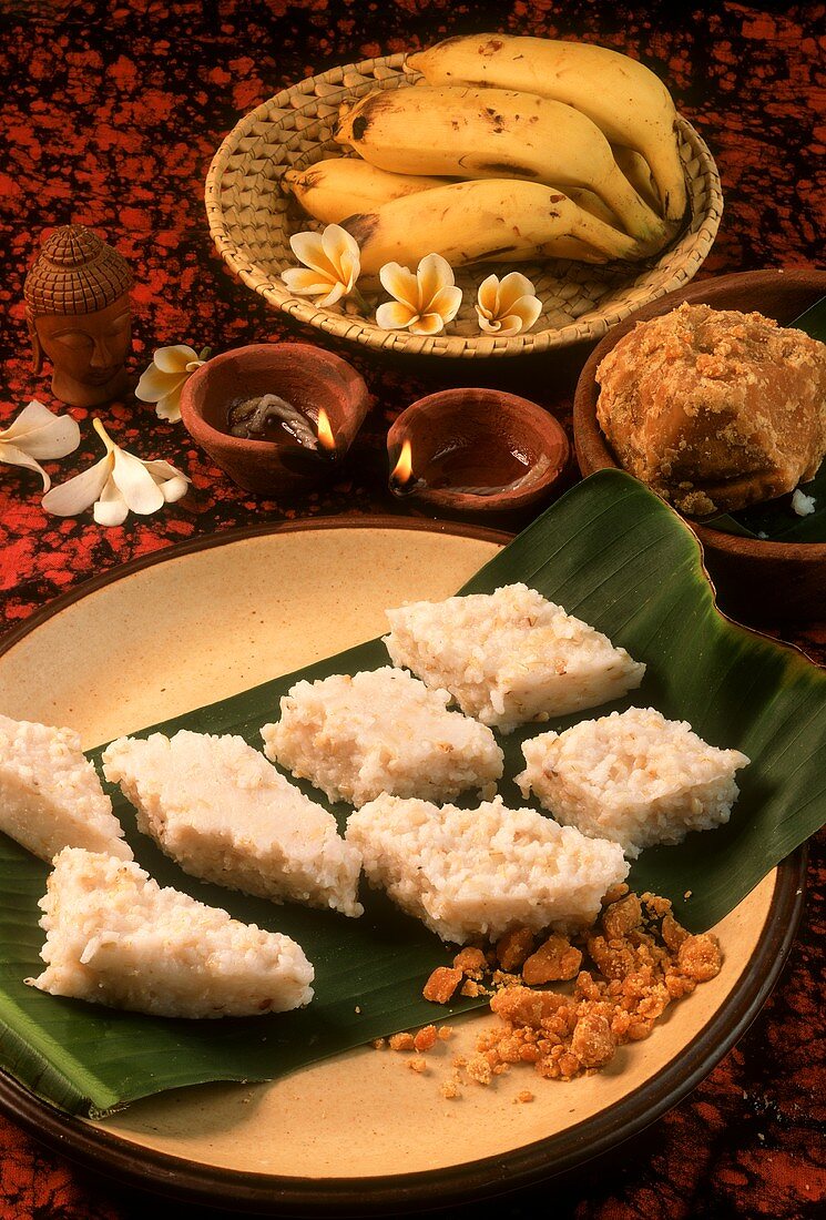 Kiribeth & jaggery (rice pudding & unrefined sugar, Sri Lanka)