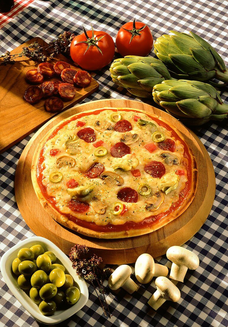 Pizza with salami, artichokes, olives and tomatoes; ingredients